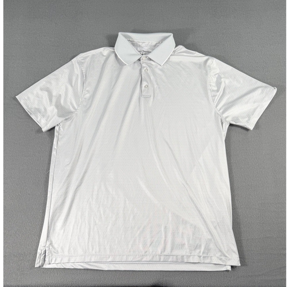 Hickey Freeman Golf Polo Shirt White Geometric Print Mens L Stretch Luxury Prep‎